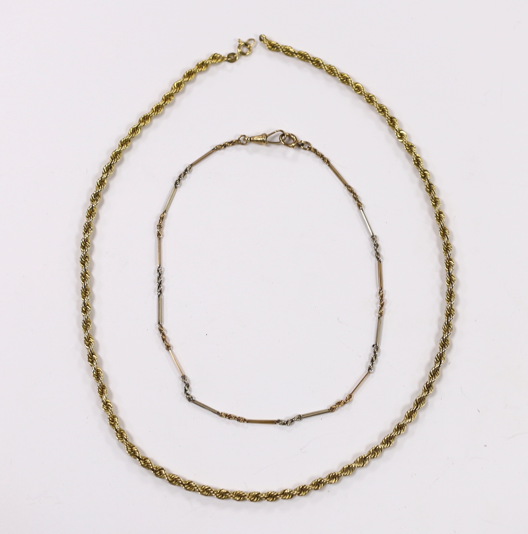 A 9ct gold rope twist chain, 50cm, together with a small 9ct albertina